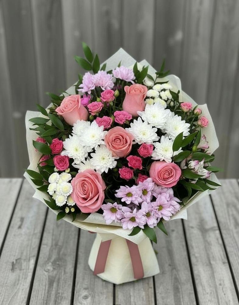 Букет цветов из: Альстромерии, Гвоздики, Розы и Хризантемы в Щемилово