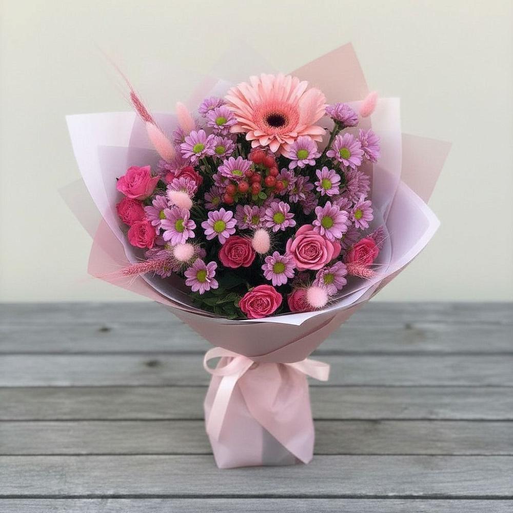 Букет цветов из: Розы, Герберы и Хризантемы в Щемилово