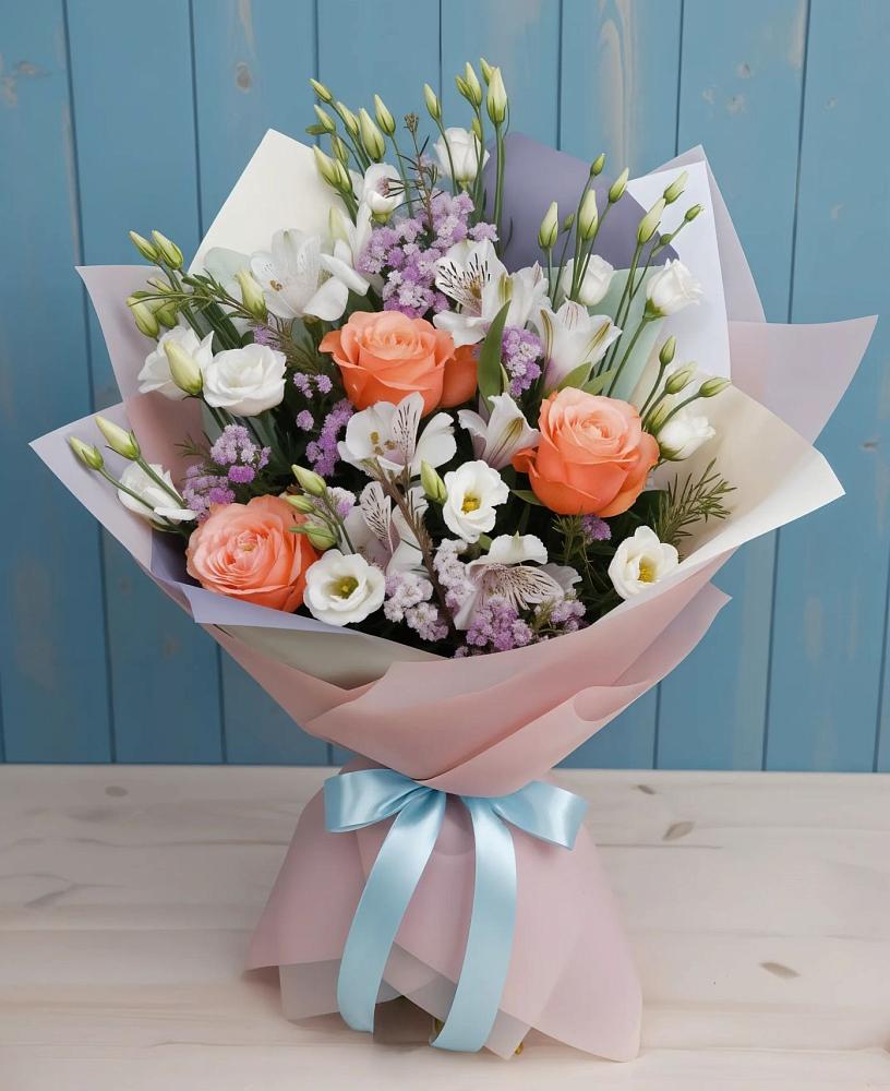 Букет цветов из: Лизиантусы, Розы, Альстромерии и Гипсофила в Щемилово