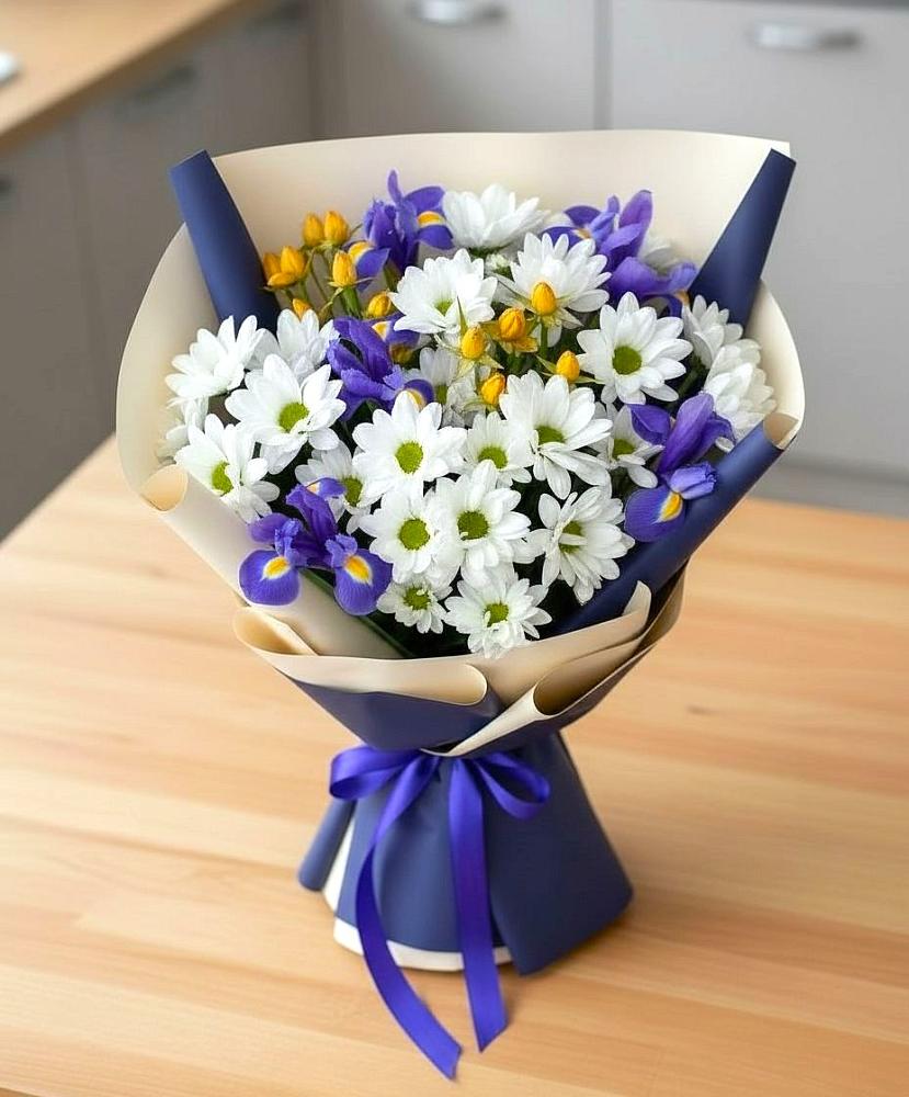 Букет цветов из: Розы, Ирисы и Хризантемы в Щемилово